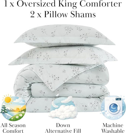 Southshore Fine Living, Inc. 3-Piece Oversized Comforter King Size, Down Alternative Floral Comforter with Matching Shams, Soft Flowered Bedspread for California/King Mattress, Sweet Florals Blue