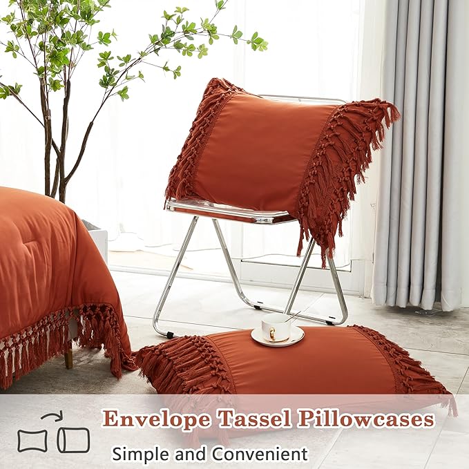 Andency Burnt Orange Comforter Set California King, 3 Pieces Boho Cal King Tassel Lightweight Soft Bedding Comforter Sets, Oversized Bed Set (104x96In Comforter & 2 Pillowcases)
