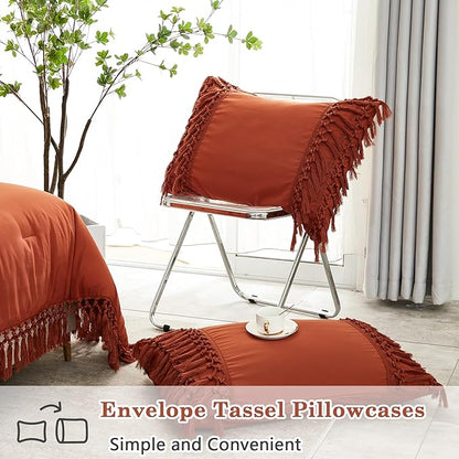 Andency Burnt Orange Comforter Set California King, 3 Pieces Boho Cal King Tassel Lightweight Soft Bedding Comforter Sets, Oversized Bed Set (104x96In Comforter & 2 Pillowcases)