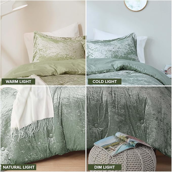 Comfort Spaces Luxe Queen Comforter Set Velvet Comforters for Queen Size Bed, Microfiber Reverse, Juliette, All Season Velvet Bedding Queen Size, Fluffy Bed Set, Sham, Full/Queen, Sage Green 3 Piece