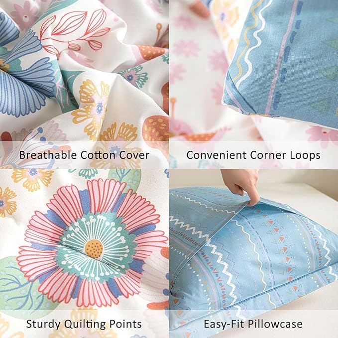 Blue Floral Cotton Comforter Twin Size - Vibrant Artistic Blooms & Boho Geometric Patterns, White & Soft Blue, 2PC Lightweight Bedding Sets with Down Alternative Fill(68"×90")