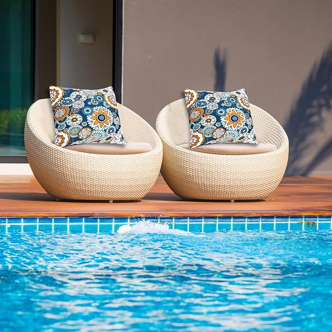 JMGBird Outdoor Pillows Set of 2 with Inserts - 18x18 Waterproof Throw Pillows for Patio Furniture, Navy Blue Sunflower Decorative Cushions