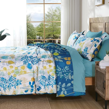 Anibedding 7Pieces King Size Comforter Set, Blue Yellow Botanical Bed in a Bag Complete Set with Sheet Pillowcase for Bedroom All Season