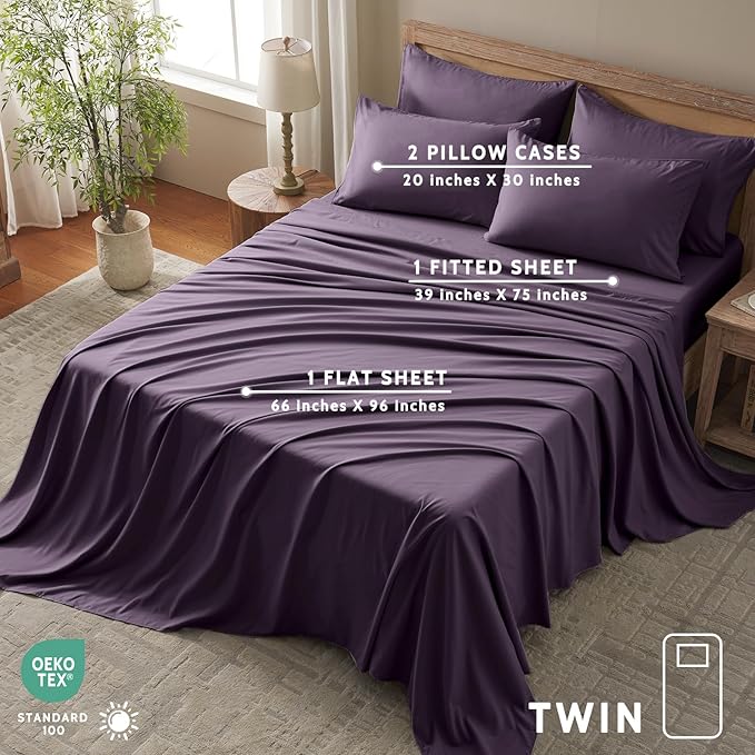 Twin Sheets Set - 4 Piece Soft Microfiber and Wrinkle Free Sheets - Easy Care, Extra Soft, Cooling Sheets - 1 Deep Pocket Fitted Sheet 1 Flat Sheet and 2 Pillowcases (Twin Purple)