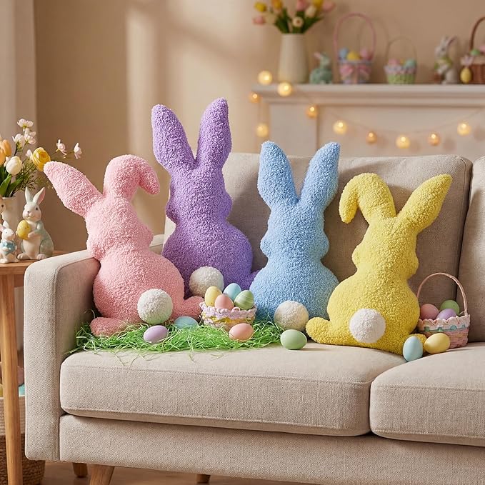 Easter Bunny Rabbit Throw Pillow: 4pcs Ultra Soft Teddy Fleece Colorful Pillows, Fluffy Bunny Shaped Cushions Easter Throw Pillows, Spring Decoration for Home, Bedroom, Living Room, Sofa and Couch