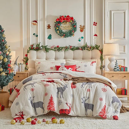 Christmas Sherpa Comforter Set Twin Size 3 Pieces Holiday Winter Bedding Microfiber Warm Fleece Comforter with 2 Pillow Shams - Thanksgiving New Year Gift Choice with Red Snowflake Gray Xmas Deer