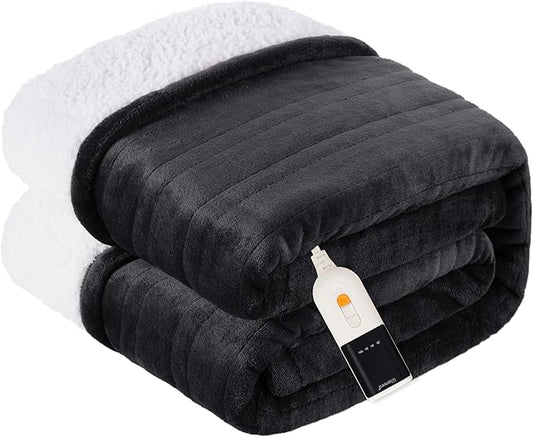 Heated Blanket Electric Throw Soft Flannel Sherpa, 6 Heat Levels Fast Heating, 2 to 10 Hours Auto-Off Detachable Controller Machine Washable, Grey 50"x60"