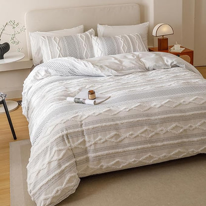 Luxlovery Boho White Comforter Set Queen Women Men Farmhouse White Black Jacquard Bedding Set Bohemian Country Blanket Quilts Durable Soft Breathable 3PCS Comforter Set Queen Bed