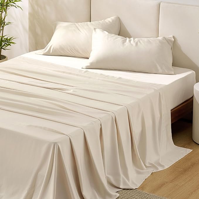 Bedsure California King Sheet Sets, Cooling Sheets, Rayon Derived from Bamboo, Breathable & Soft, Deep Pocket Up to 16 Inches, Hotel Luxury Silky Bedding for Hot Sleepers, Light Beige