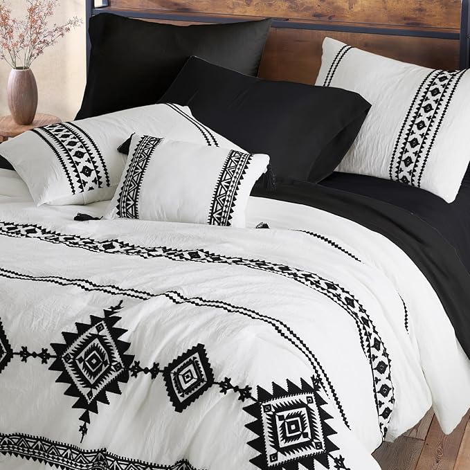 MaiRêve Embroidery Comforter Set, Boho Farmhouse Western Bedding Set, All Season Bed in A Bag Comforter Set with Sheets, Pillowcases & Shams, White Full 7 Pieces