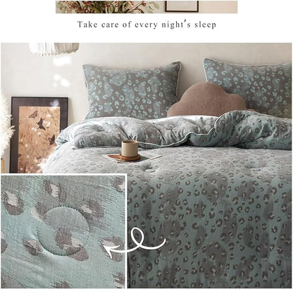 MKXI Double Layer Muslin Cotton Comforter Set King Size Leopard Print Shabby Chic Bedding Comforter Set Soft Breathable Grey and Green Floral Animal Cheetah Lightweight Bed Comforter for All Season