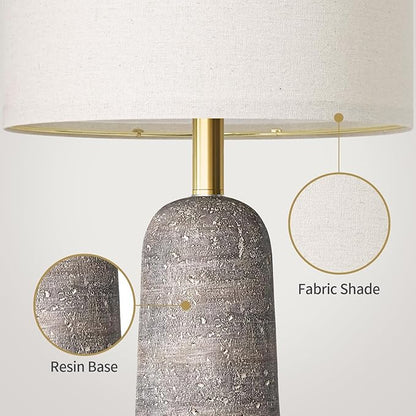 BOBOMOMO 27.25" Modern Table Lamp Set of 2, Light Grey Resin Table Lamps with Stone Look, Lamps for Living Room with Linen Shades, Bedroom Nightstand Lamps, Table Lamps for Living Room End Tables