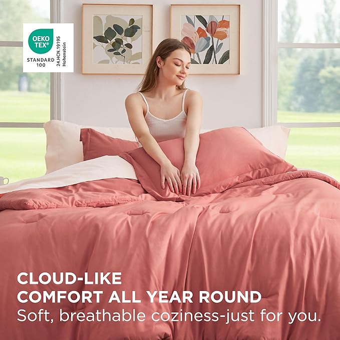 Bedsure Queen Comforter Set - 7 Pieces Coral Queen Bedding Set for All Seasons, Boho Contrasting Design Bed in a Bag with Comforter, Sheets, Pillowcases & Shams