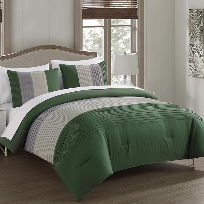 Chezmoi Collection Briar 7-Piece Full Bed in a Bag - All Season Lightweight Microfiber Comforter Set - Includes Sheets & Shams - Forest Green/Gray/Cream Pleated Stripe Design