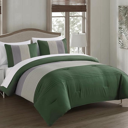 Chezmoi Collection Briar 7-Piece Full Bed in a Bag - All Season Lightweight Microfiber Comforter Set - Includes Sheets & Shams - Forest Green/Gray/Cream Pleated Stripe Design