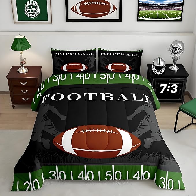 Feelyou Football Bedding Set Rugby Sports Comforter Soccer Ball Game Comforter Set for Kids Adults American Football Player Duvet Set Soft Room Decor King Size Quilt Boys