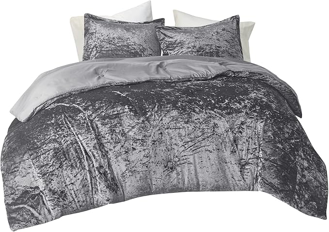 Comfort Spaces Juliette Luxe Comforter Set Velvet Lush with Soft Brushed Microfiber Reverse, All Season Cozy Velvet Bedding Sets, Fluffy Comforter Bed Set, Matching Sham, Grey King 3 Piece