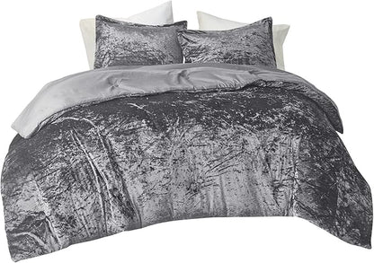 Comfort Spaces Juliette Luxe Comforter Set Velvet Lush with Soft Brushed Microfiber Reverse, All Season Cozy Velvet Bedding Sets, Fluffy Comforter Bed Set, Matching Sham, Grey King 3 Piece
