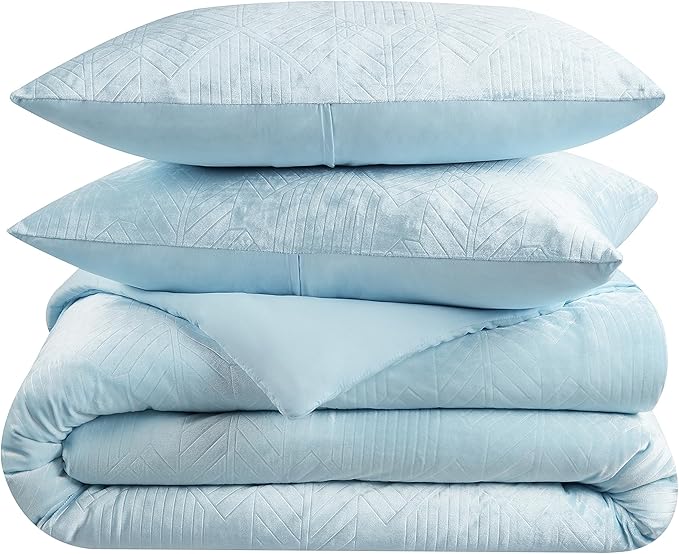 Nine West Maya 2 Piece Embossed Velvet Comforter Set, Luxurious All Season Bedding Including One Comforter and One Pillow Sham, Twin, Light Blue