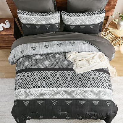 Xruibed Blcak King Comforter Set 7 Pieces, Black Grey Boho Striped Bed in a Bag King Size Soft Microfiber All Season Bedding Set with Comforter, Sheets, Pillowcases & Shams(104"×90")