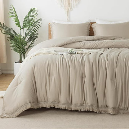 Andency Oatmeal Comforter Set King Size, 3 Pieces Boho Tassel Lightweight Bedding Comforter Sets for King Bed, All Season Soft Fluffy Fringe Bed Set (104x90In Comforter & 2 Pillowcases)