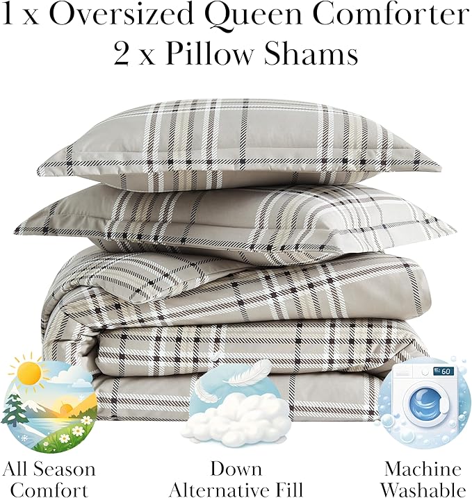 Southshore Fine Living, Inc. 3-Piece Full/Queen Comforter Set with 2 Pillow Shams, Premium Bedding Set, Oversized Down Alternative Lightweight, All Season Comforter Queen Size/Full, Mocha Beige Plaid