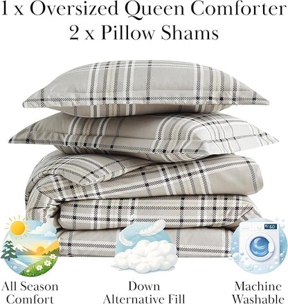 Southshore Fine Living, Inc. 3-Piece Full/Queen Comforter Set with 2 Pillow Shams, Premium Bedding Set, Oversized Down Alternative Lightweight, All Season Comforter Queen Size/Full, Mocha Beige Plaid