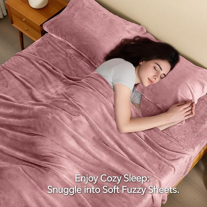 BEDELITE Flannel Sheets King Size Dusty Pink - Super Soft Fleece Sheets Set Fluffy Extra Plush, 4 Piece(Include Fitted Sheet, Flat Sheet, 2 Pillowcases)