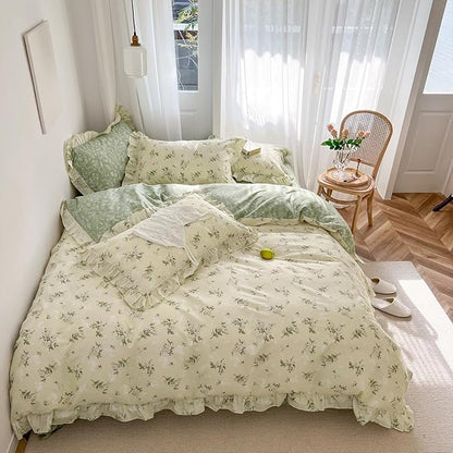 MKXI Twin XL Size Beige & Green Floral Comforter Set - 3 Piece Ruffled Lace Bedding Set with Reversible Design, Soft Aesthetic Cottagecore Style Green Leaf Comforter for Girls, Women, and Teens