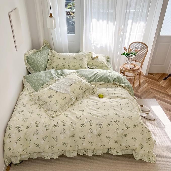 MKXI King Size Beige & Green Floral Comforter Set - 3 Piece Ruffled Lace Bedding Set with Reversible Design, Soft Aesthetic Cottagecore Style Green Leaf Comforter for Girls, Women, and Teens