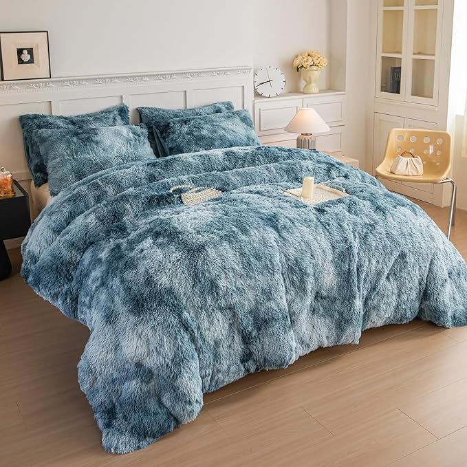 chovy Faux Fur Tie-Dyed Blue White Colorful Comforter Sets Queen - 3PC Bed Set Ultra Soft Plush Flannel Velvet Fluffy Fuzzy Bedding（Comforter x 1 Pillowcases x 2）