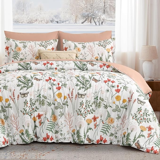 Yiran 7 Piece Floral Comforter Set Queen Size, Pink Green Summer Comforter Bedding Set, Botanical Bed in a Bag with Flowers Pattern, Soft Microfiber Complete Bedding Set with Sheets for All Season