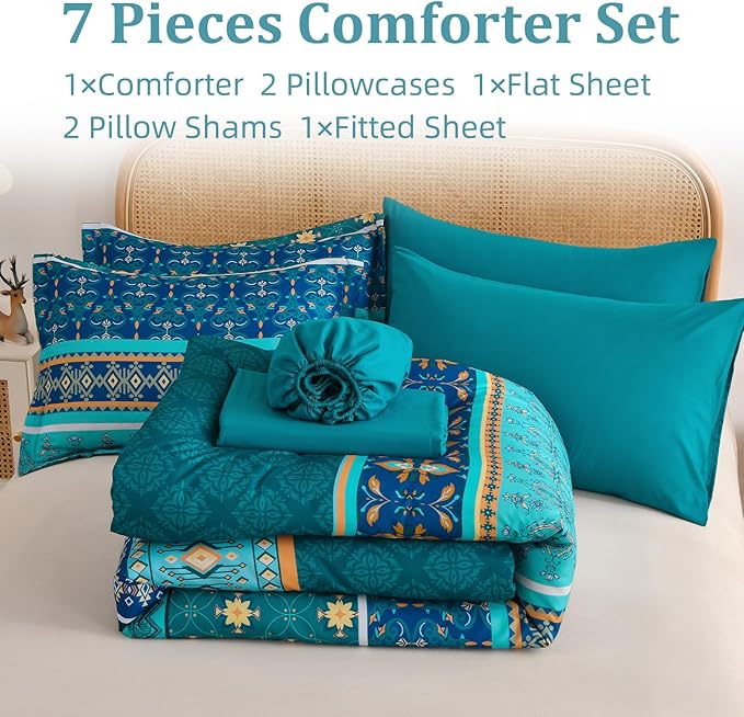 Boho Comforter Set Queen Size,7 Pieces Comforter Bedding Set Bed in a Bag Bohemian,Turquoise Blue Paisley Floral Comfortet and Sheet Set,Soft Striped Bedding Sets for All Season