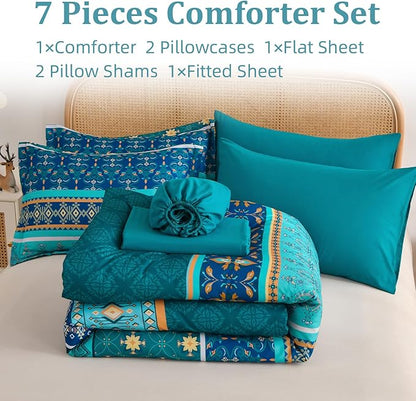 Boho Comforter Set Queen Size,7 Pieces Comforter Bedding Set Bed in a Bag Bohemian,Turquoise Blue Paisley Floral Comfortet and Sheet Set,Soft Striped Bedding Sets for All Season