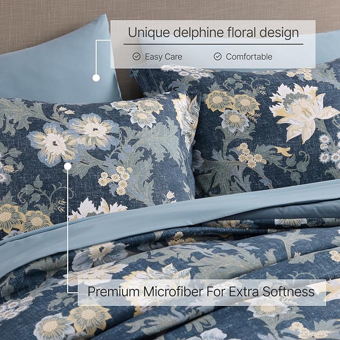 Full Comforter Set -7 Pieces Floral Antique Blue Comforter Set for All Seasons, Bed in a Bag Full with Botanical Flowers Comforter, Sheets, Pillowcases & Shams
