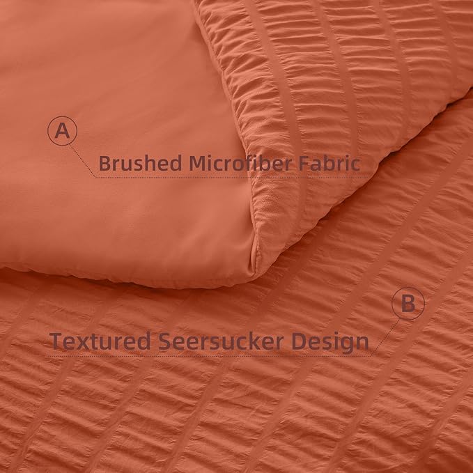 FUANNA Queen Comforter Set 7 Pieces, Luxury Seersucker Bed in a Bag Queen Size for All Seasons, Soft Bedding Set with Comforter, Flat Sheet, Fitted Sheet, Pillowcases & Shams for Bedroom, Burnt Orange