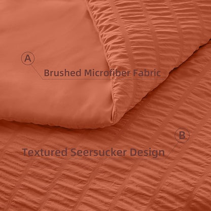 FUANNA Queen Comforter Set 7 Pieces, Luxury Seersucker Bed in a Bag Queen Size for All Seasons, Soft Bedding Set with Comforter, Flat Sheet, Fitted Sheet, Pillowcases & Shams for Bedroom, Burnt Orange
