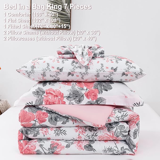 Floral King Comforter Set with Sheets, 7 Piece Luxury Vintage Bedding, Soft Microfiber Bed in a Bag, Cozy Lightweight Bed Set, Pink Flower Grey Leaf