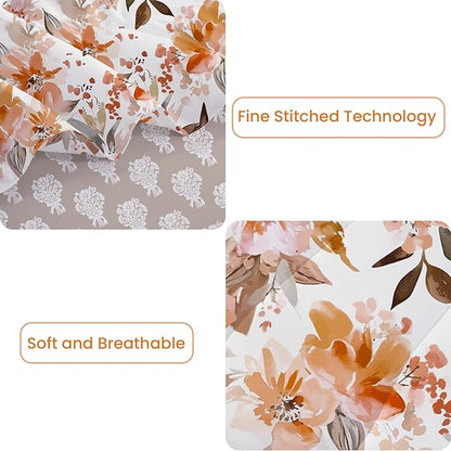 Floral Queen Comforter Set with Sheets, 7 Piece Luxury Vintage Bedding, Soft Microfiber Bed in a Bag, Cozy Lightweight Bed Set, Burnt Orange Flower Brown Leaf Fall