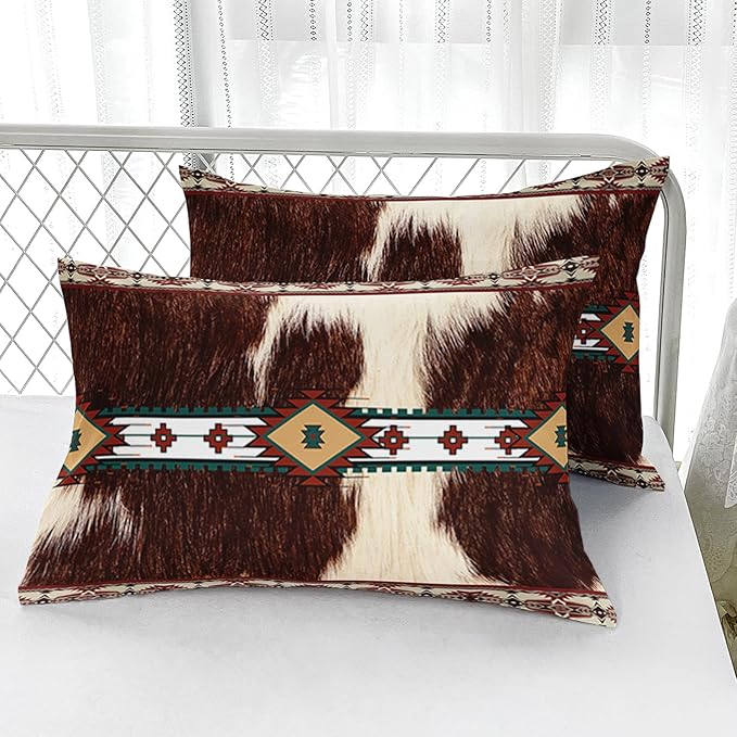 Bohe Cowhide Comforter Set, King Size, Brown and White Fur, Animal Print Bedding Sets 3PCS, Soft Microfiber, All Season (1 Comforter & 2 Pillowcases)
