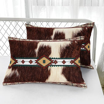 Bohe Cowhide Comforter Set, King Size, Brown and White Fur, Animal Print Bedding Sets 3PCS, Soft Microfiber, All Season (1 Comforter & 2 Pillowcases)