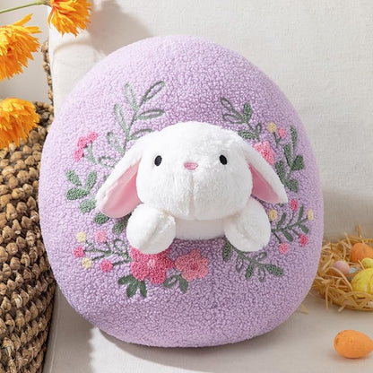 Phantoscope Happy Easter Egg Shaped Throw Pillow with Bunny, Teddy Fleece Soft Egg Pillow with Floral Embroidered Decorative Pillows for Couch Sofa Bed Chair, Favors Gifts, Purple, 14.5 x 12.5 Inches