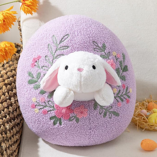 Phantoscope Happy Easter Egg Shaped Throw Pillow with Bunny, Teddy Fleece Soft Egg Pillow with Floral Embroidered Decorative Pillows for Couch Sofa Bed Chair, Favors Gifts, Purple, 14.5 x 12.5 Inches