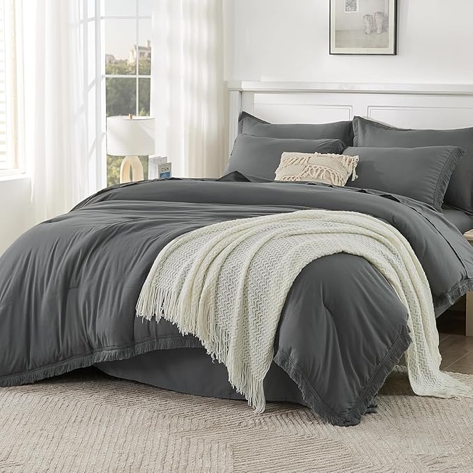Andency Oversized King Comforter Set Dark Grey 120x98-7 Pieces Boho Tassel Bed in a Bag Soft Lightweight Bedding Sets, Fringe All Season Bed Set with Comforter, Sheets, Pillowcases & Shams