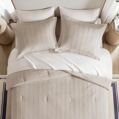 Madison Park Essentials Striped Comforter Set Queen, 7 Pieces Modern Minimalist Jacquard Bedding Set for All Season, Bed in A Bag with Sheet Set and Soft Brushed Reverse, Lightweight Neutral
