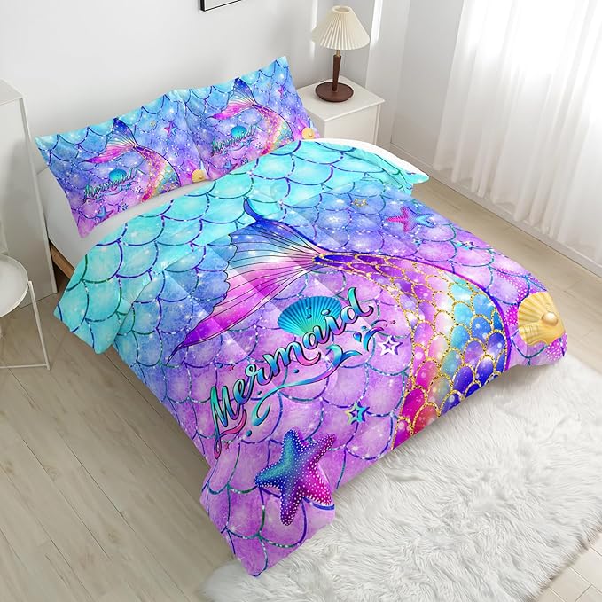 Colorful Mermaid Tail Comforter Set - Full Size Kids Bedding with Fish Scales Pattern - All Season Comforter and 2 Pillowcases