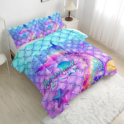 Colorful Mermaid Tail Comforter Sets King，Bedding Sets for Kids,Kids Fish Scales Comforter Sets All Season 1 Comforter and 2 Pillowcases