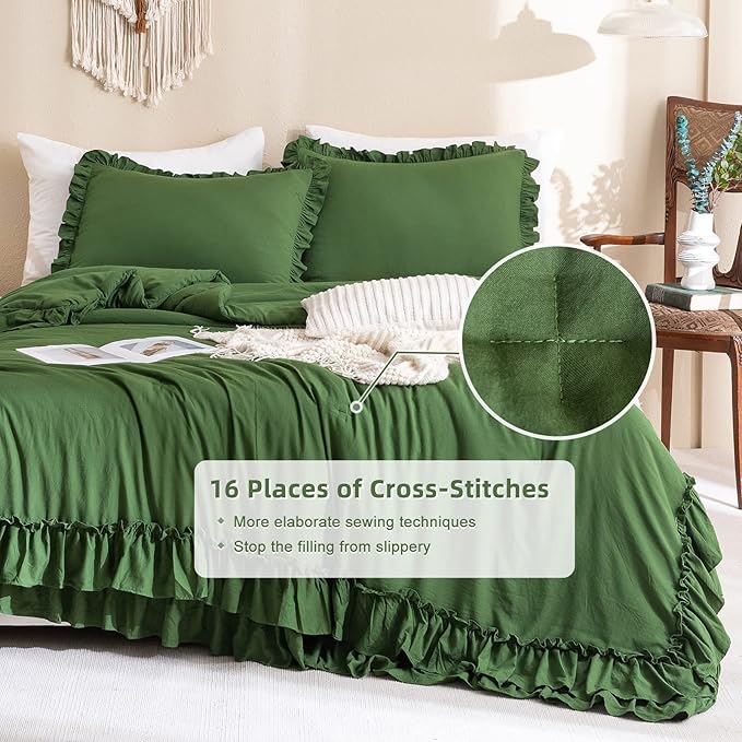 Masaca Olive Green Comforter Set Queen,Farmhouse Bedding Queen Size Comforter Set with Ruffle,Shabby Boho Chic French Country Dark Green Bedding Sets 3 Pieces