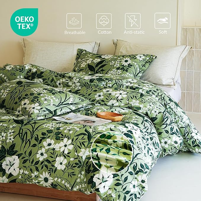 Cotton King Size Comforter Set, 3Pcs Garden Style Green Flower Print Botanical Comforter for All Seasons, Luxury Warmth Breathable Bedding Set with 1 Lightweight Comforter and 2 Pillow Shams