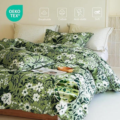 Cotton King Size Comforter Set, 3Pcs Garden Style Green Flower Print Botanical Comforter for All Seasons, Luxury Warmth Breathable Bedding Set with 1 Lightweight Comforter and 2 Pillow Shams